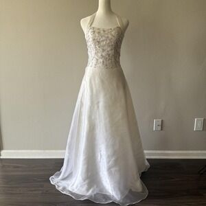 VTG 90s y2k Byer Too! White Floral Halter Prom Dress Sz 3/4 Tulle Romantic Fairy